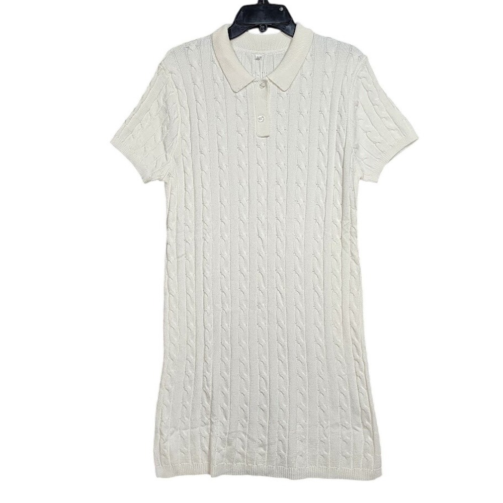 ANRABESS Cable Knit Sweater Dress Short Sleeve Viscose Large Cream Off‎ White